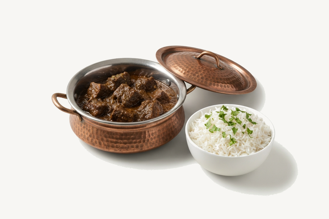 A hammered copper handi of beef curry with the lid resting beside it, and a bowl of white rice with coriander