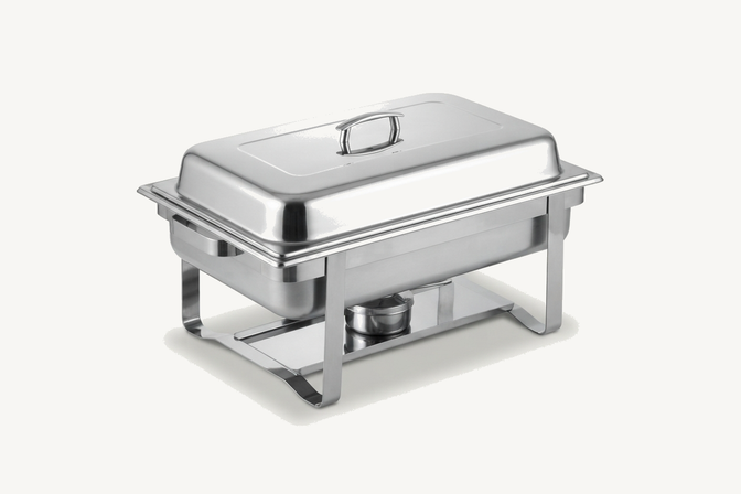 A stainless steel chafing dish with its lid raised on a folding stand, a fuel holder underneath