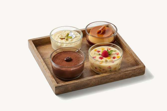 A wooden tray holding four glass bowls of firni, caramel pudding, chocolate mousse and fruit custard