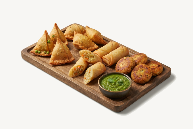 A wooden board of samosas, spring rolls and vegetable chops with a bowl of green chutney