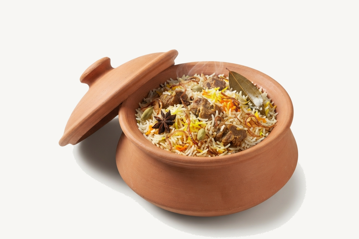 Terracotta handi of mutton kacchi biryani with the lid tilted open
